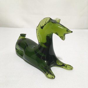 (RARE) Vintage Green Sitting Horse Art Glass Figurine by Rainbow Glass Co.